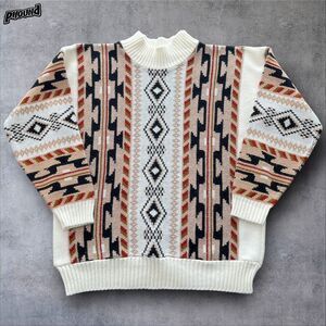 Vtg Womens M/L Sweater Brown Beige Black Southwestern Aztec
